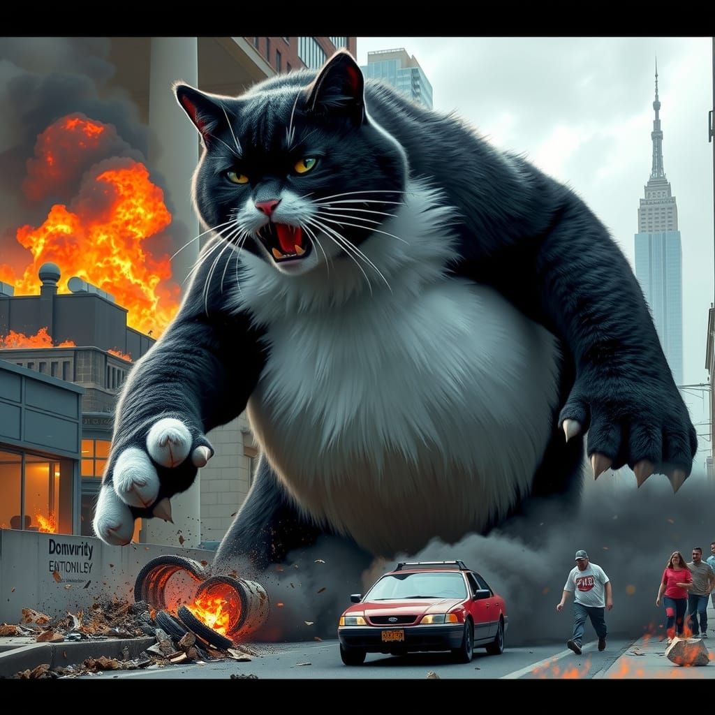 Gargantuan Tuxedo Cat Rampages Through City in Chaos