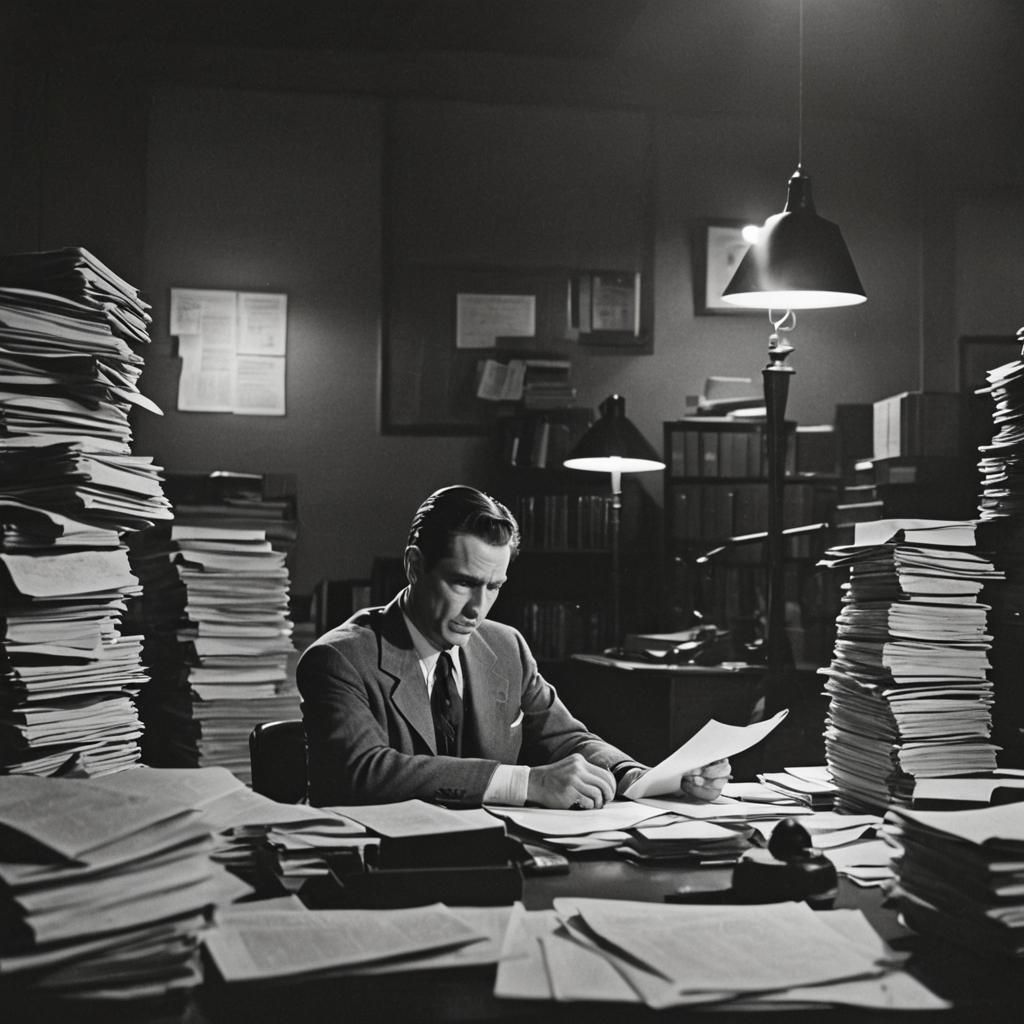 Film Noir Detective in Dimly Lit Office