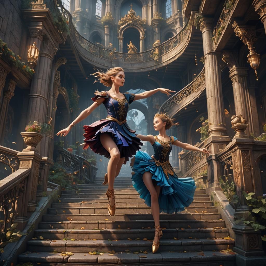 Fantastical Ballerina's Stair Leap in Detailed Matte Paintin...