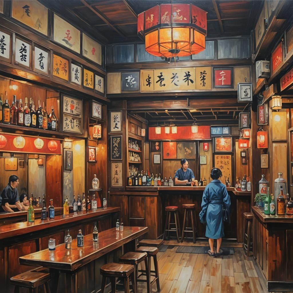 Cozy Japanese Bar in Vibrant Oil Canvas Style