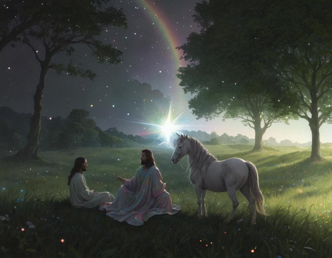 Jesus and Unicorn in Lush Meadow, Fantasy Art