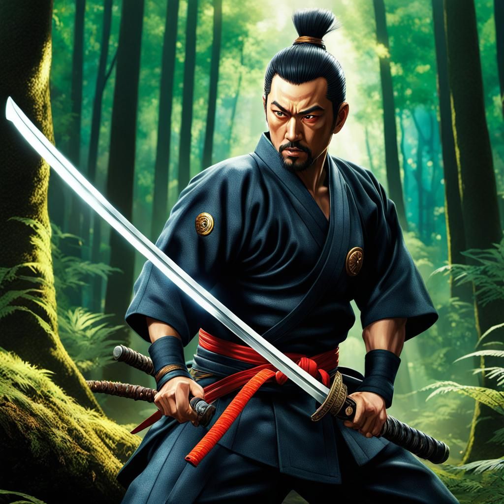 Hyperrealistic Forest Warrior with Katana