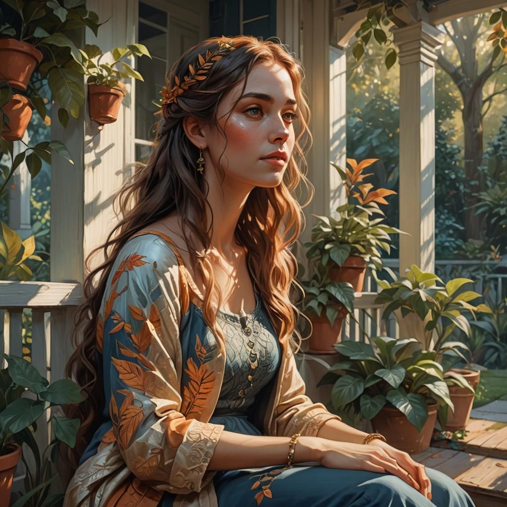 Ethereal Woman on Porch Watching Leaves Flow