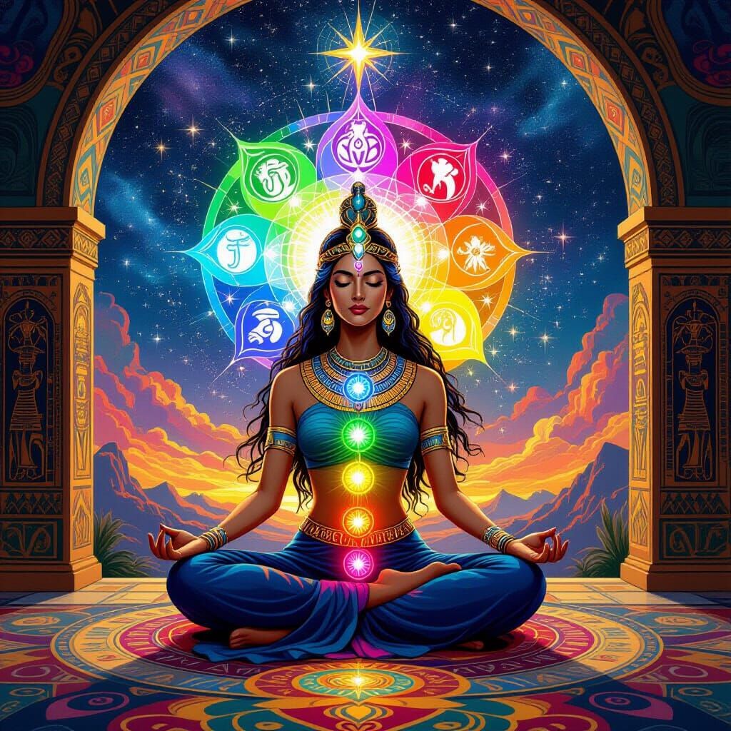 Serpent Goddess Meditating Amidst Psychedelic Chakra Lights