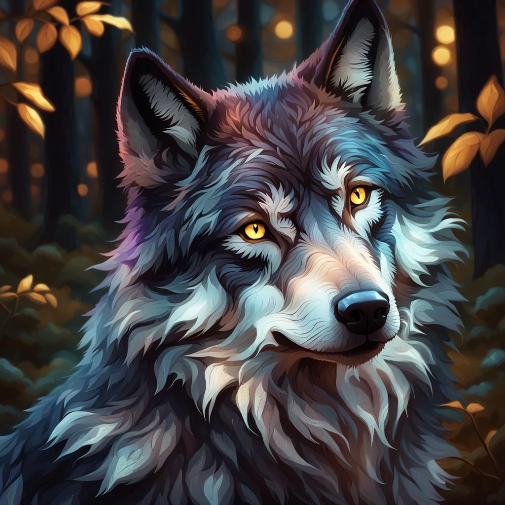 Mystical Black Wolf Portrait in Dark Forest