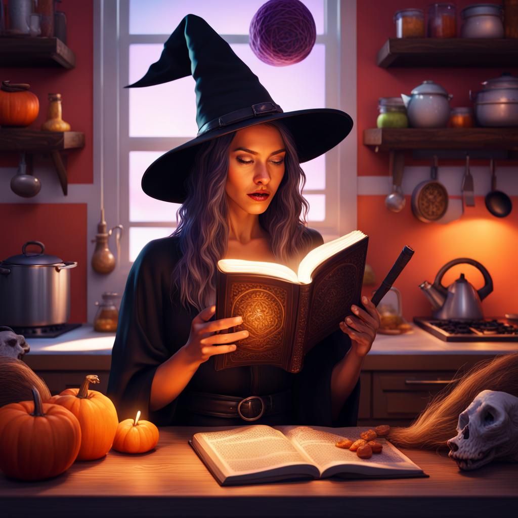 Hyperrealistic Witch Reading Spellbook in Modern Kitchen