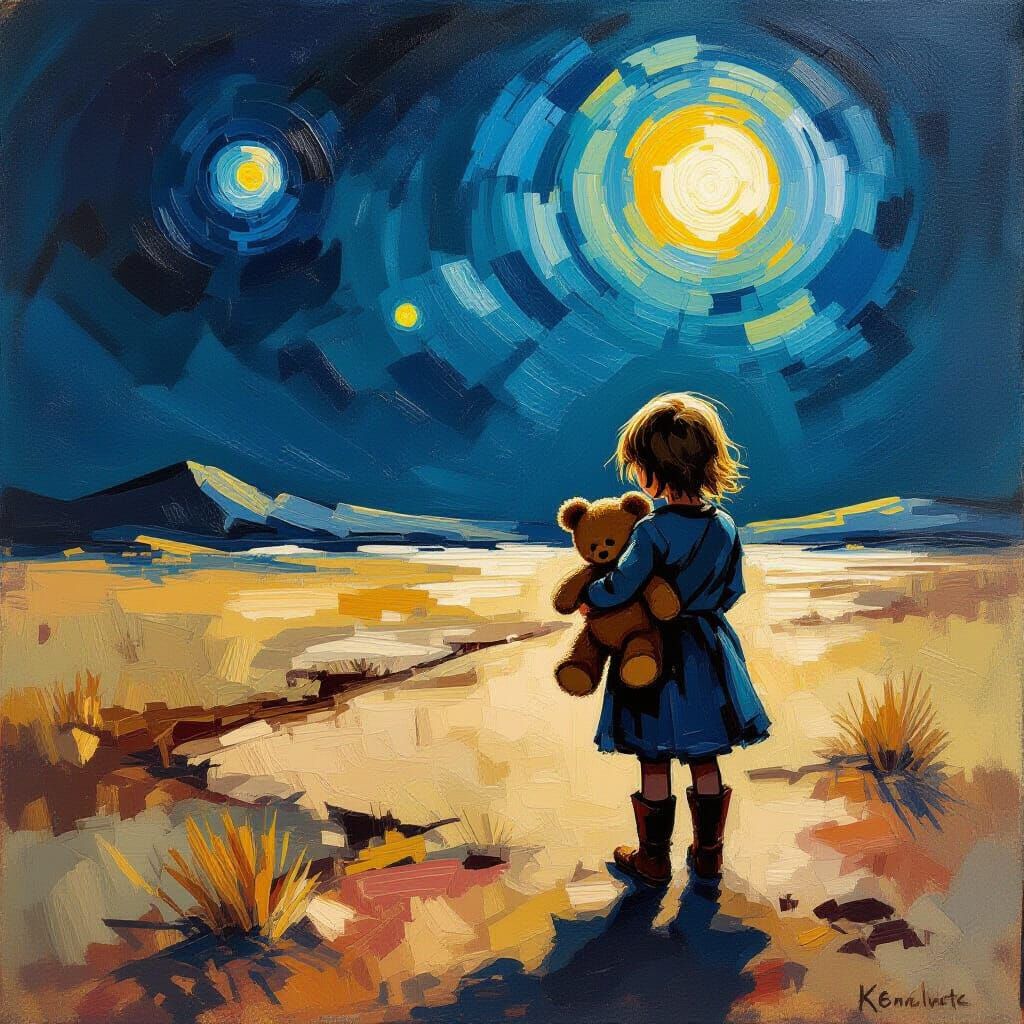 Child on Alien Planet with Teddy Bear, Expressive Gouache St...