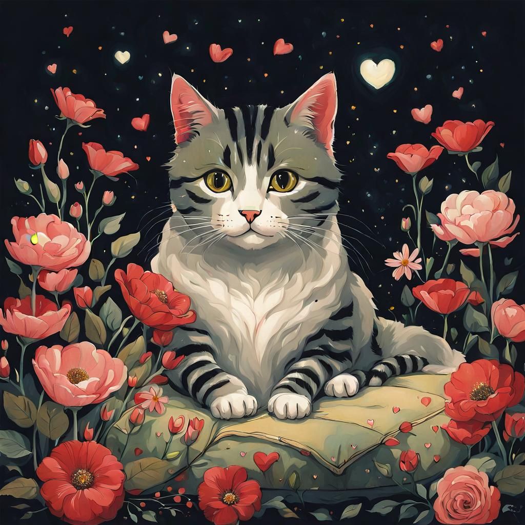 Whimsical Cat Portrait with Floral Pillow