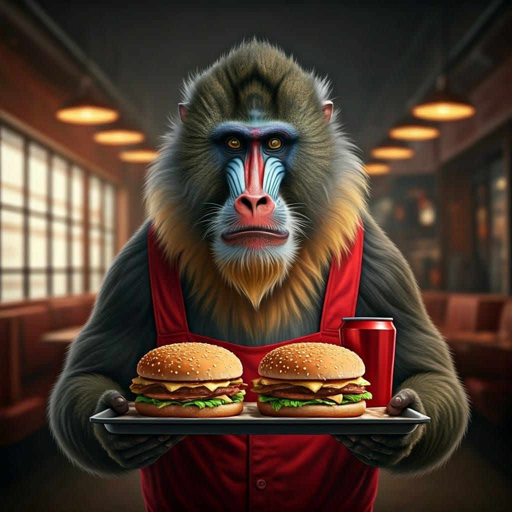 Distressed Mandrill Working at Burger Restaurant