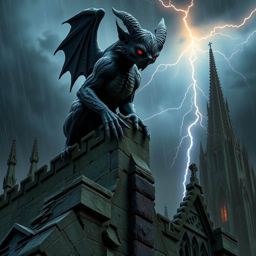 Mystical Gargoyle Silhouetted Against Stormy Cathedral Sky