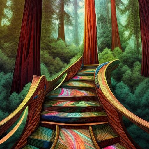 Intergalactic Stairs in Redwood Forest: Digital Art