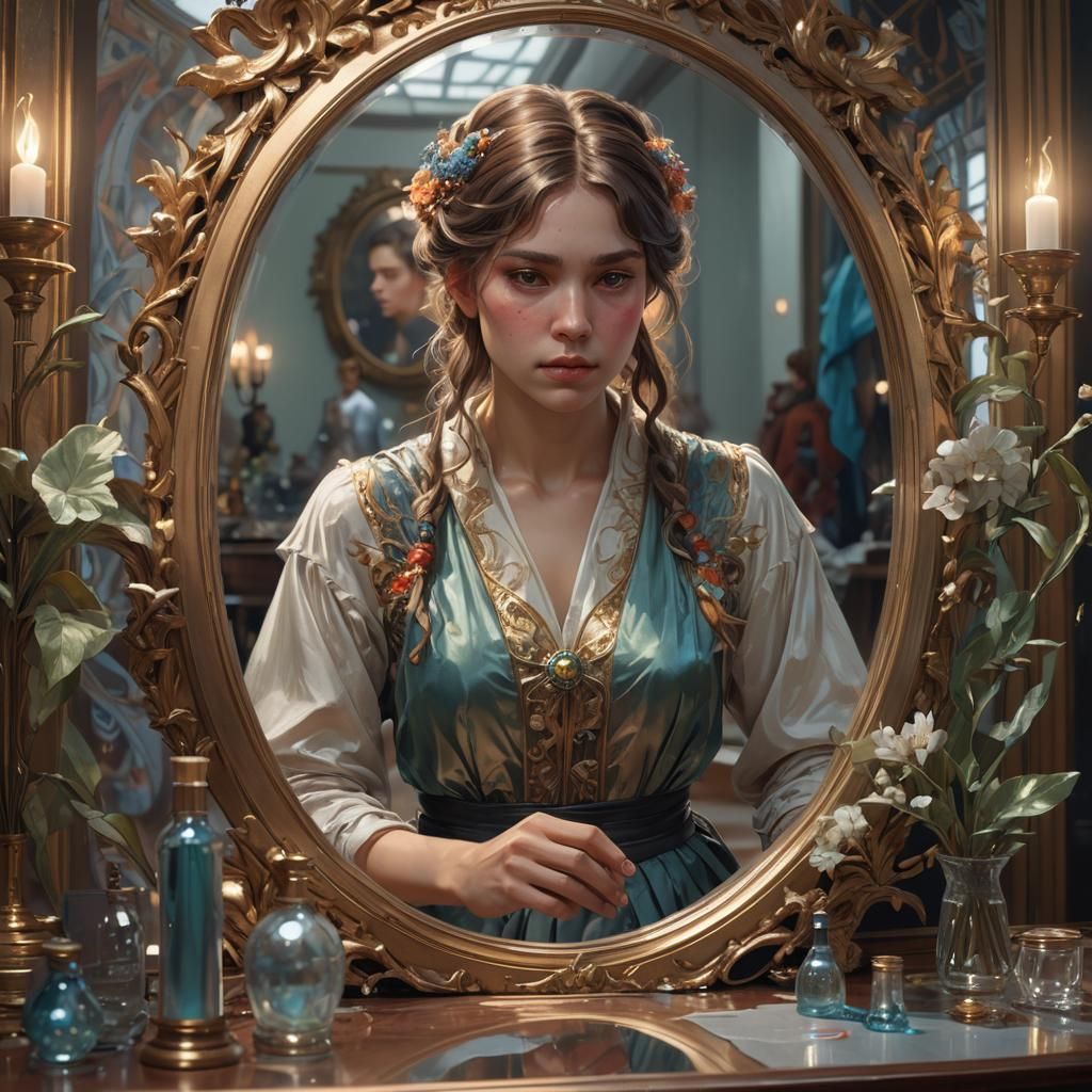 Woman Sees Reflection: Hyperdetailed Artstation Portrait