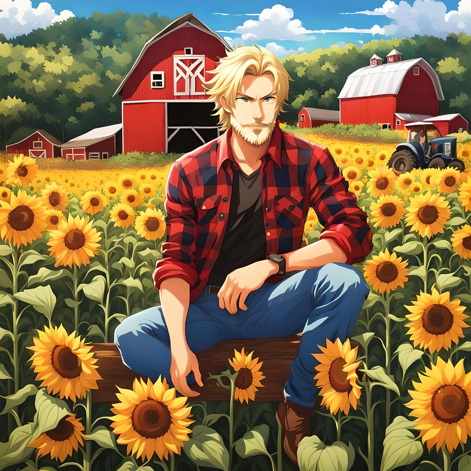 Blonde Man in Sunflower Field: Anime Style