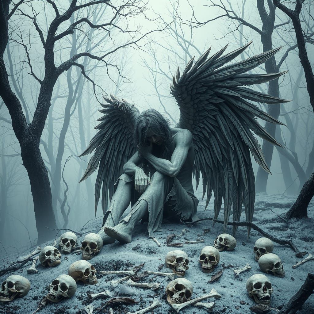 Sorrowful Fallen Angel in Frost-Covered Forest, a Dark Fanta...