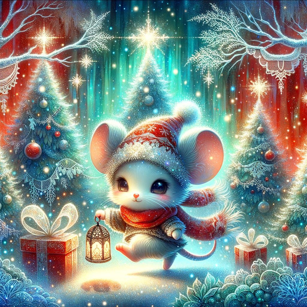 Adorable Chibi Mouse in Magical Snowy Christmas Forest