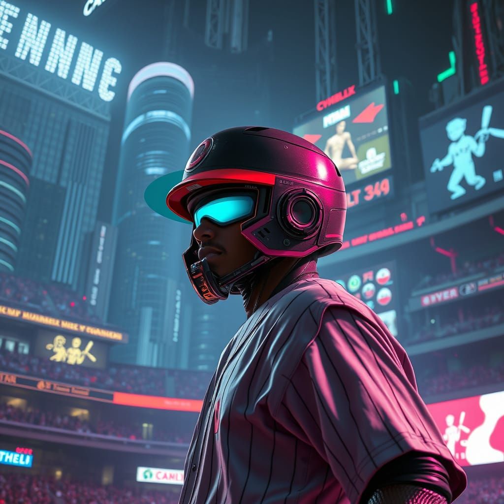 Futuristic Baseball Player in Neon-Lit Stadium