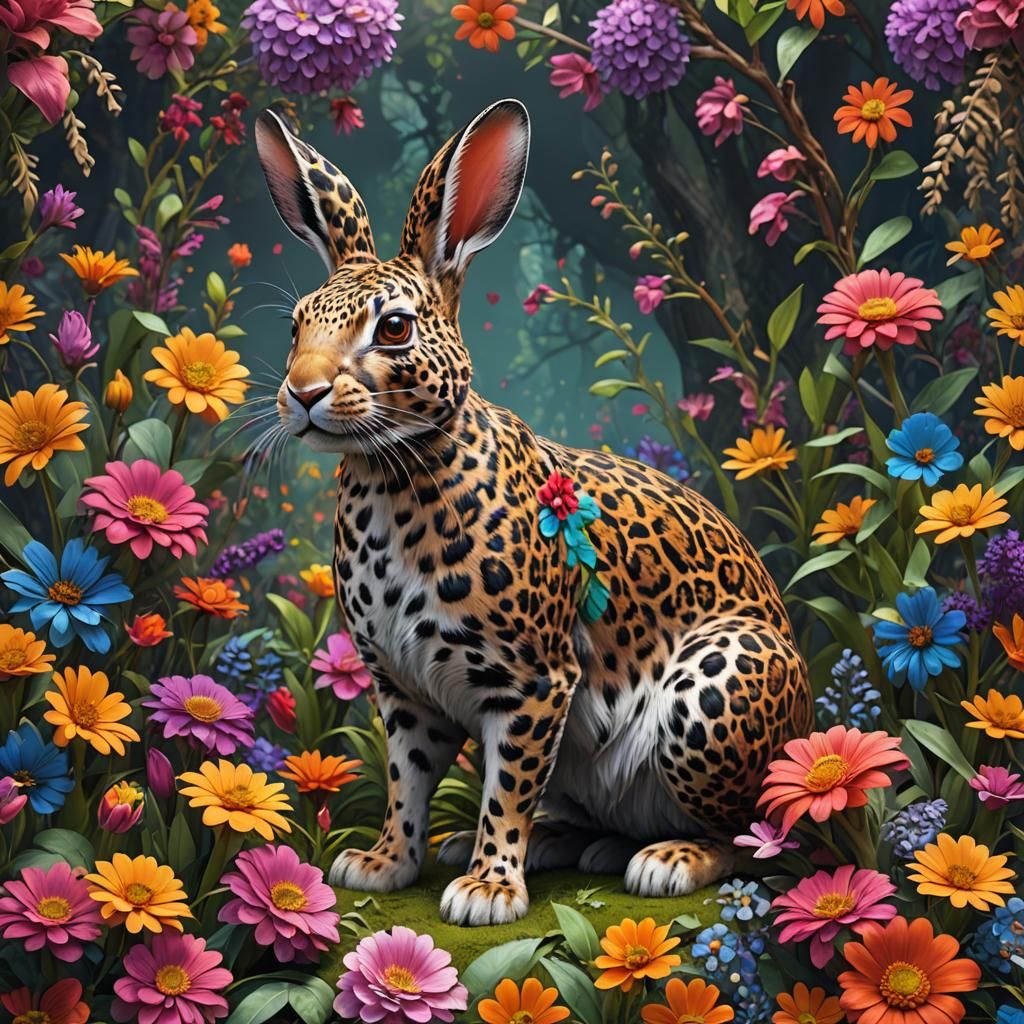 Leopard Print Rabbit in a Colorful Floral Fantasy