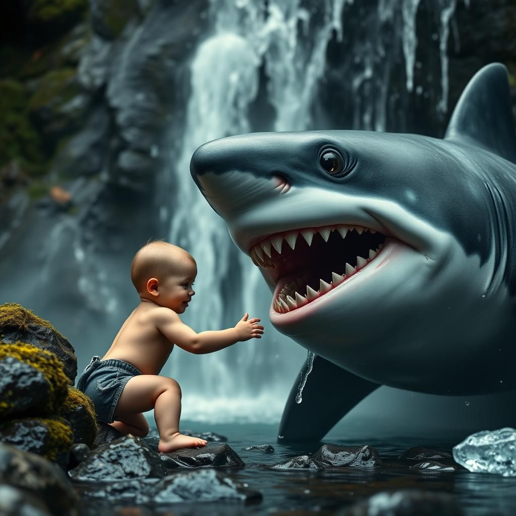 Avatar Baby and Shark at Waterfall: Hyper-Realistic Image
