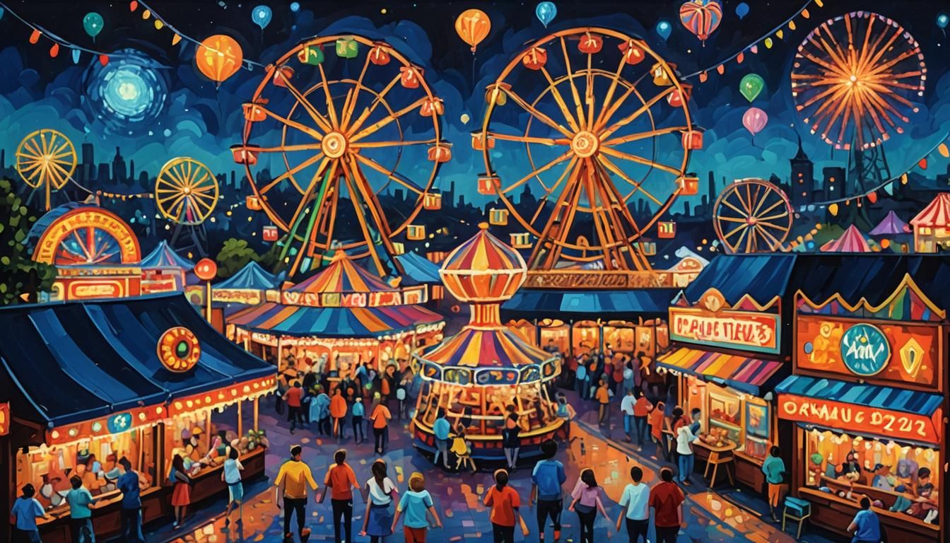 Colorful Pixel Art Carnival at Night as Oil Painting