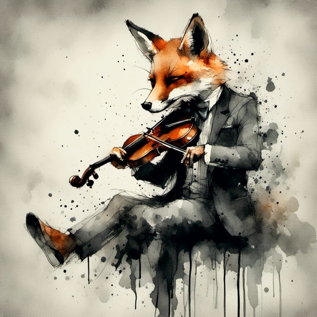 Fox Playing Violin in Charcoal and Ink Style