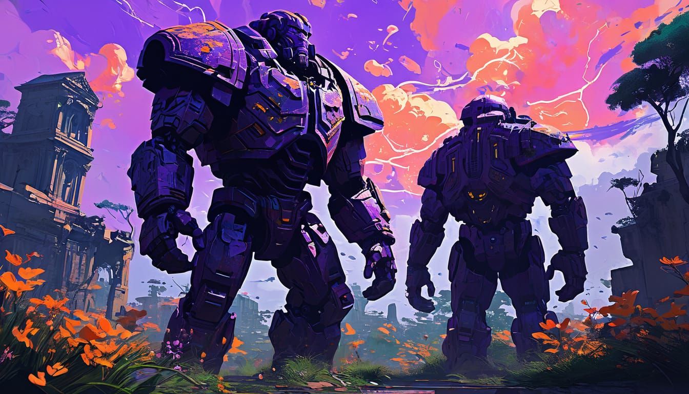 titans walk through glowing clouds at sunset