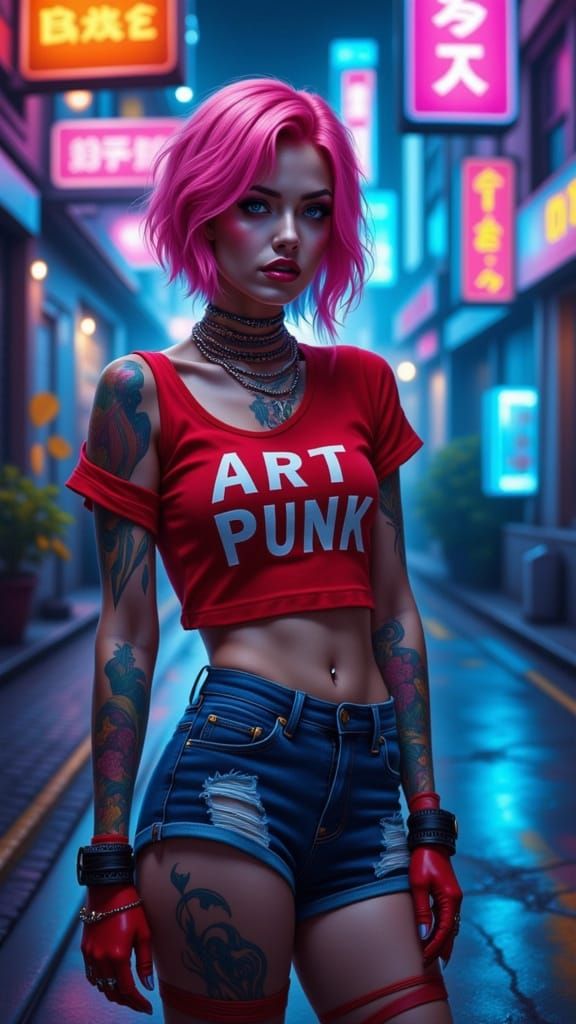 Futuristic Fashion Rebel in Neon-Lit Cyberpunk Alley