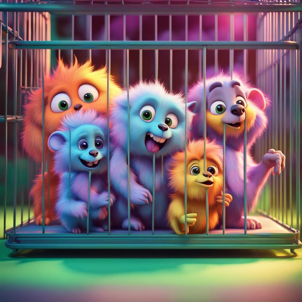 Colorful Furry Creatures in Zoo Cage as 3D Art
