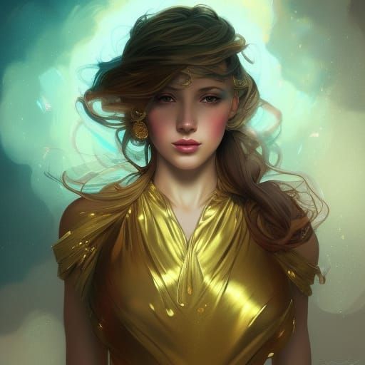 Magical Girl Portrait with Gold Dress, Hyperdetailed Art