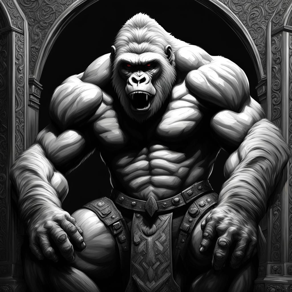 Albino Gorilla Black and White Drawing