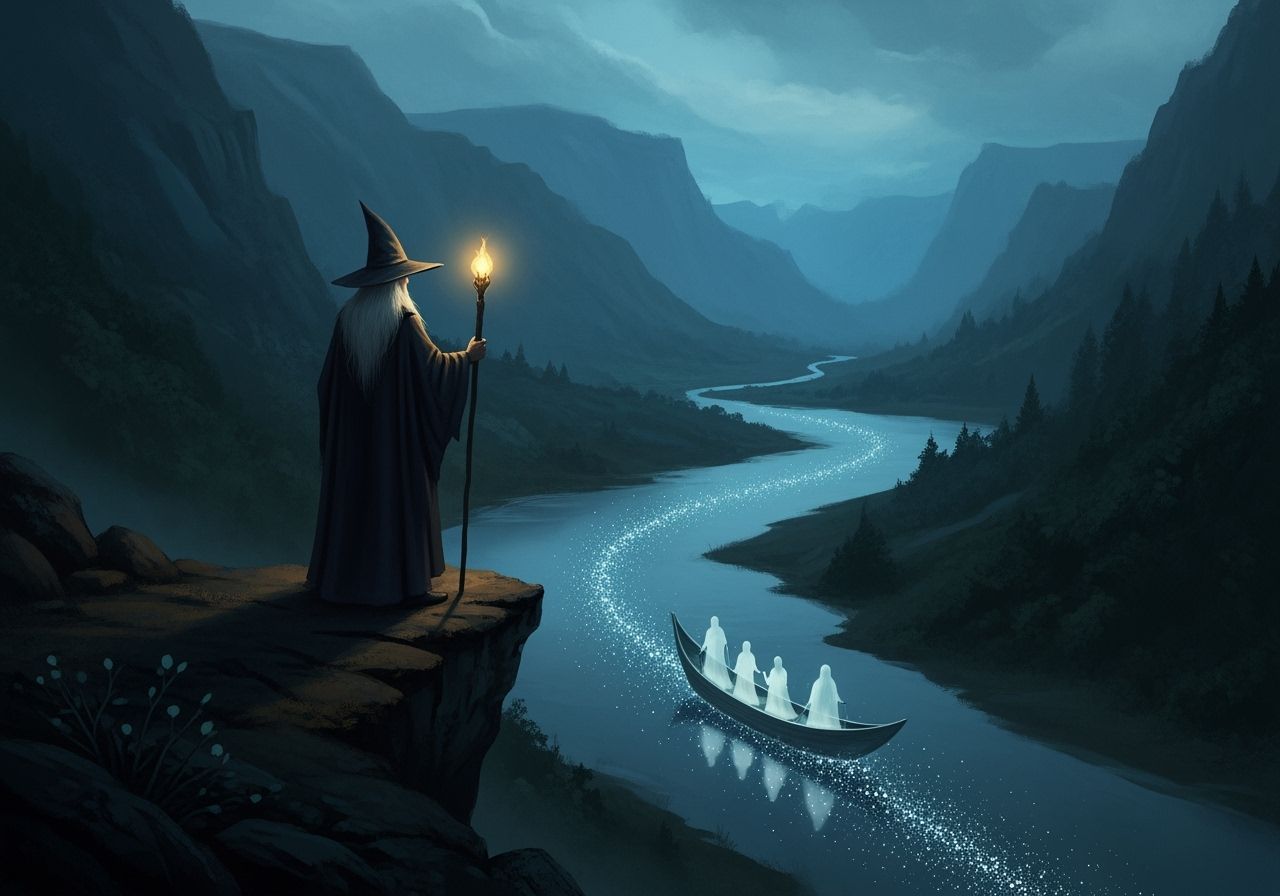 Gothic Fantasy Wizard Overlooking Starlit Valley