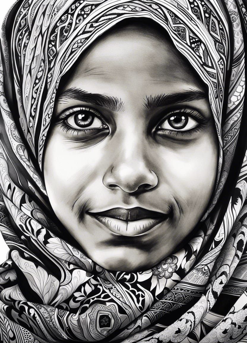 Black and White Ink Drawing - Beautiful Young Muslim Girl