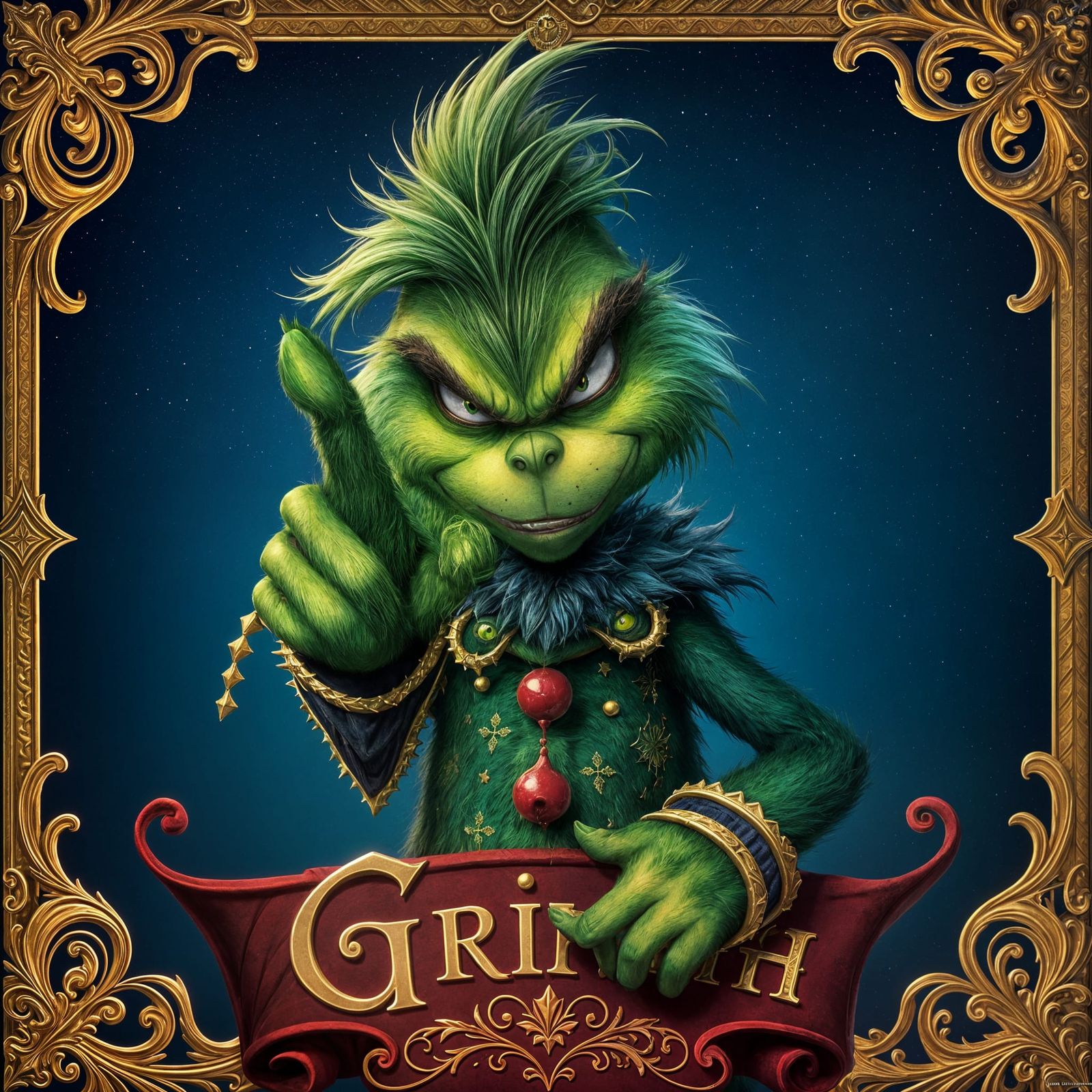 Medieval Grinch Portrait in Emerald Coat with Golden Accents