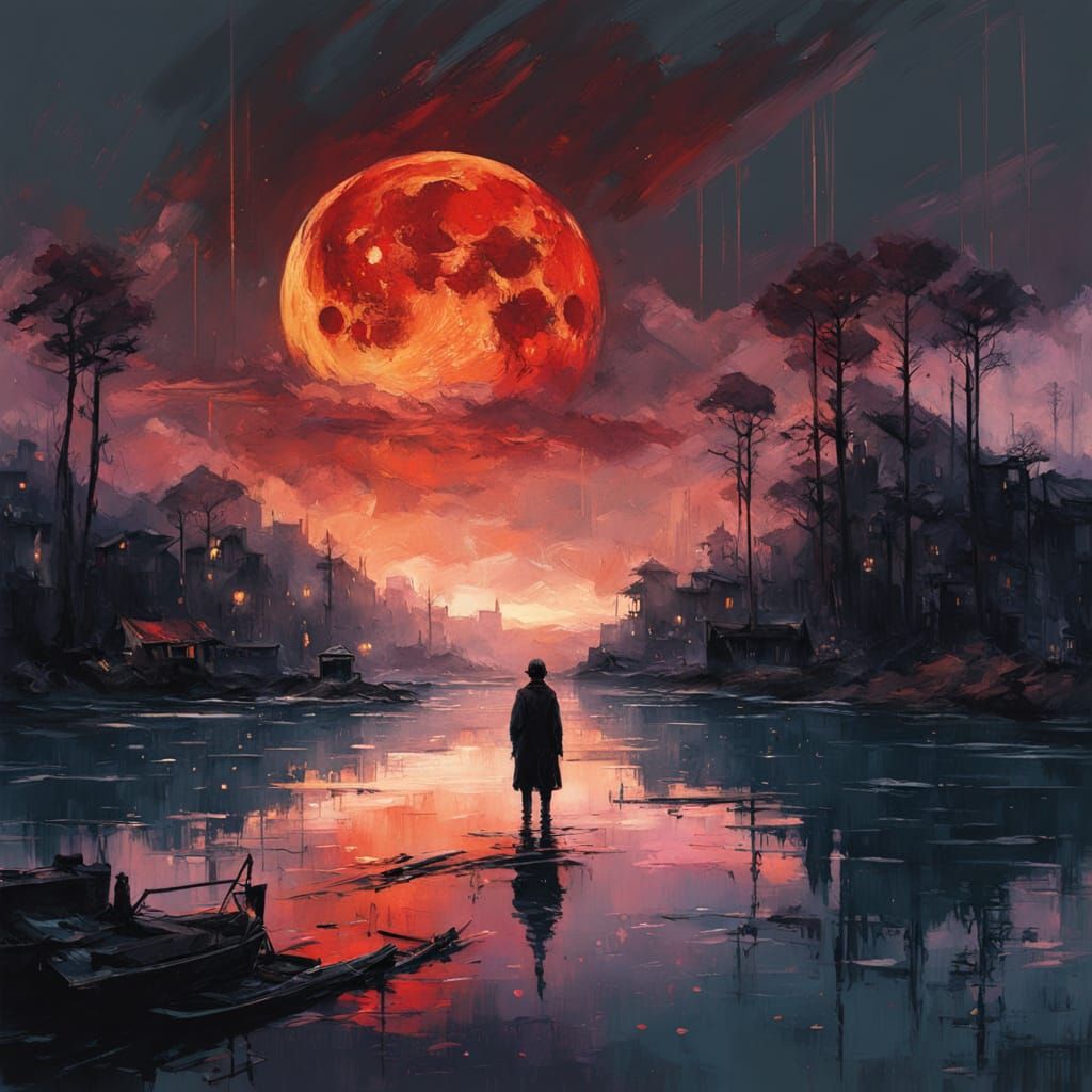 Surreal Red Moonlit Landscape in Golden Greek Colors