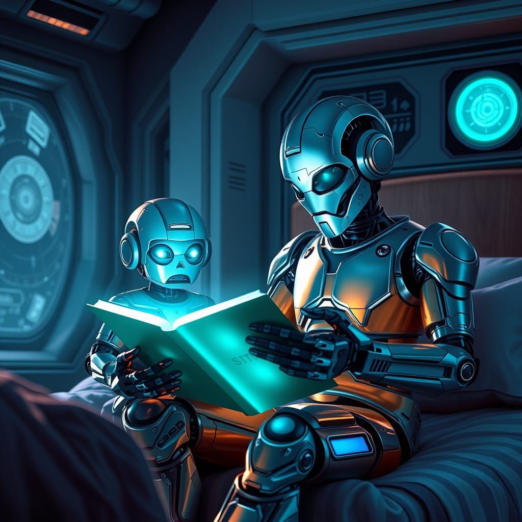 Robot Father Reads to Child in Futuristic Bedroom