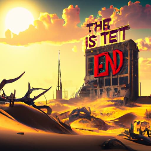 Post-Apocalyptic Desert Scene with High-Rise, Digital Art