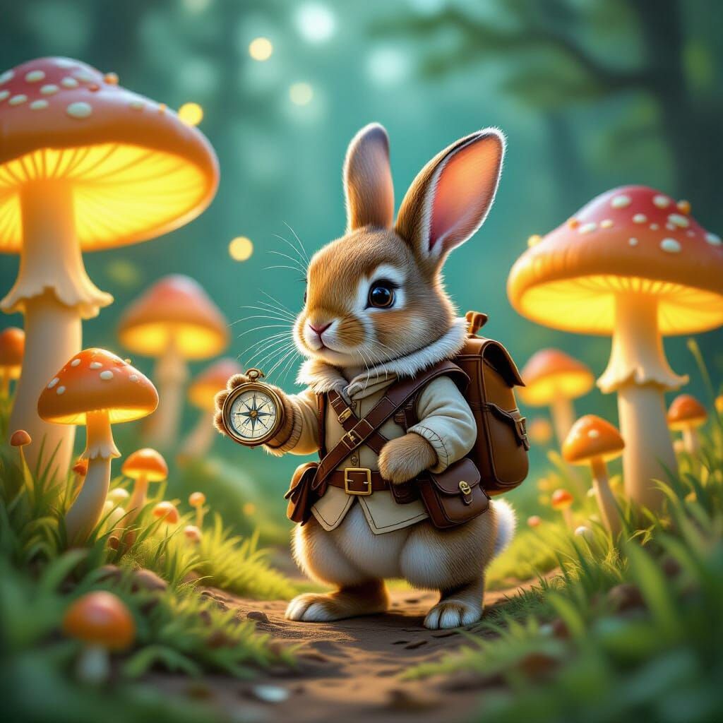 Rabbit Explorer in Oversized Mushroom Field, Dark Fantasy St...
