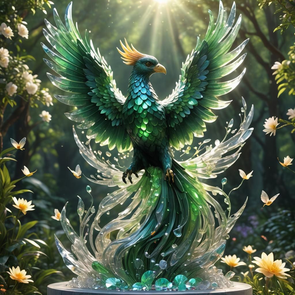 Crystal Phoenix Statue Rising From Flower Sea