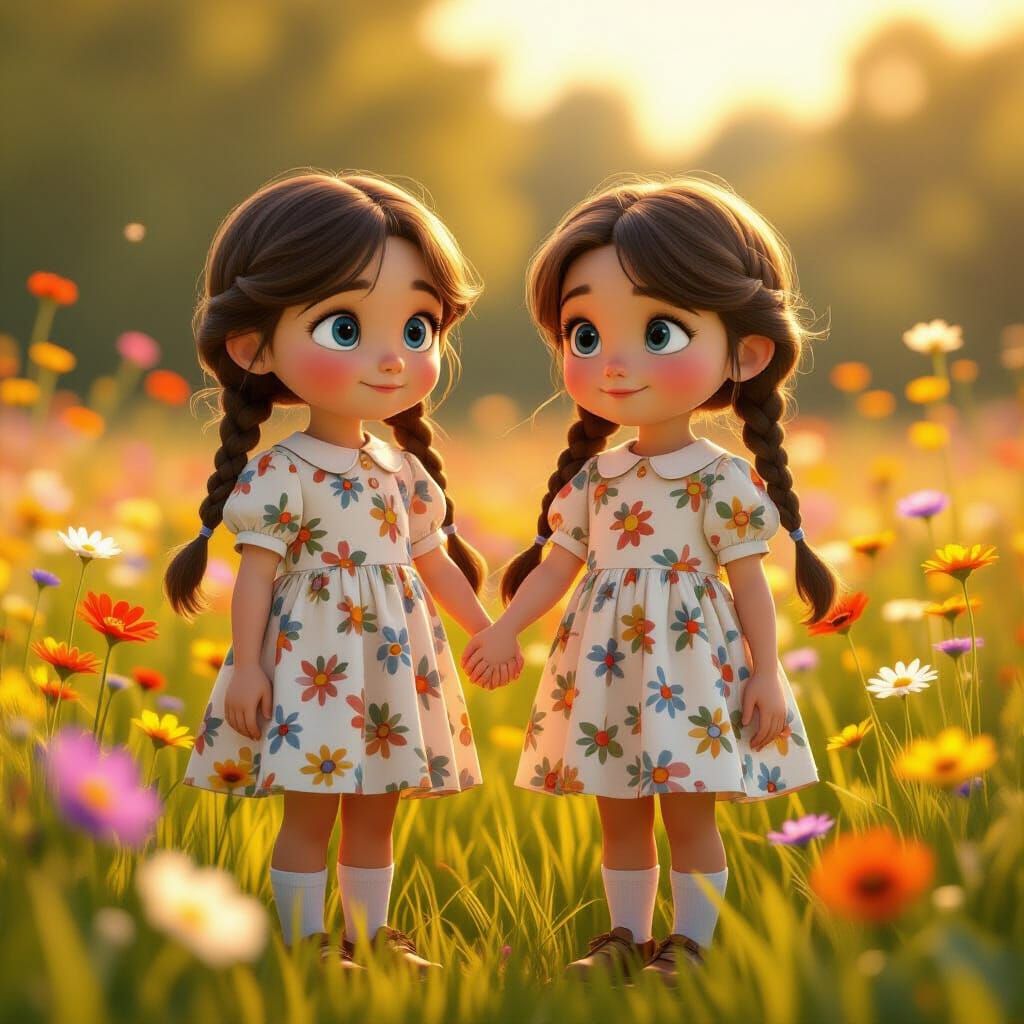 Pixar-Style Girls in Wildflower Field, 3D Animation