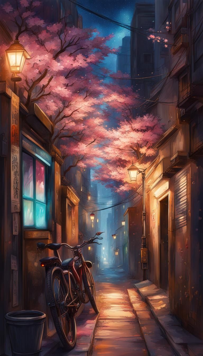Cyberpunk Alley with Cherry Blossoms