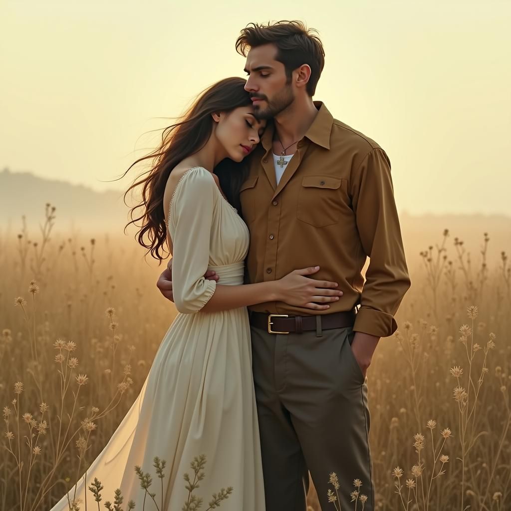 Dreamy Couple in Misty Landscape: Digital Painting