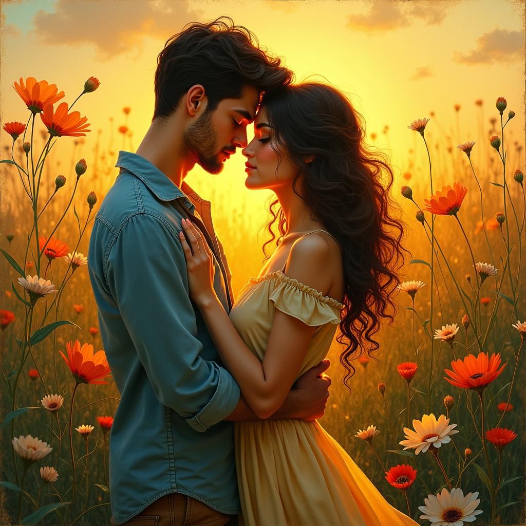 Romantic Sunset Embrace in Dreamy Whimsical Style
