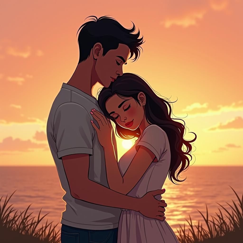 Couple Embracing at Sunset in Whimsical Style