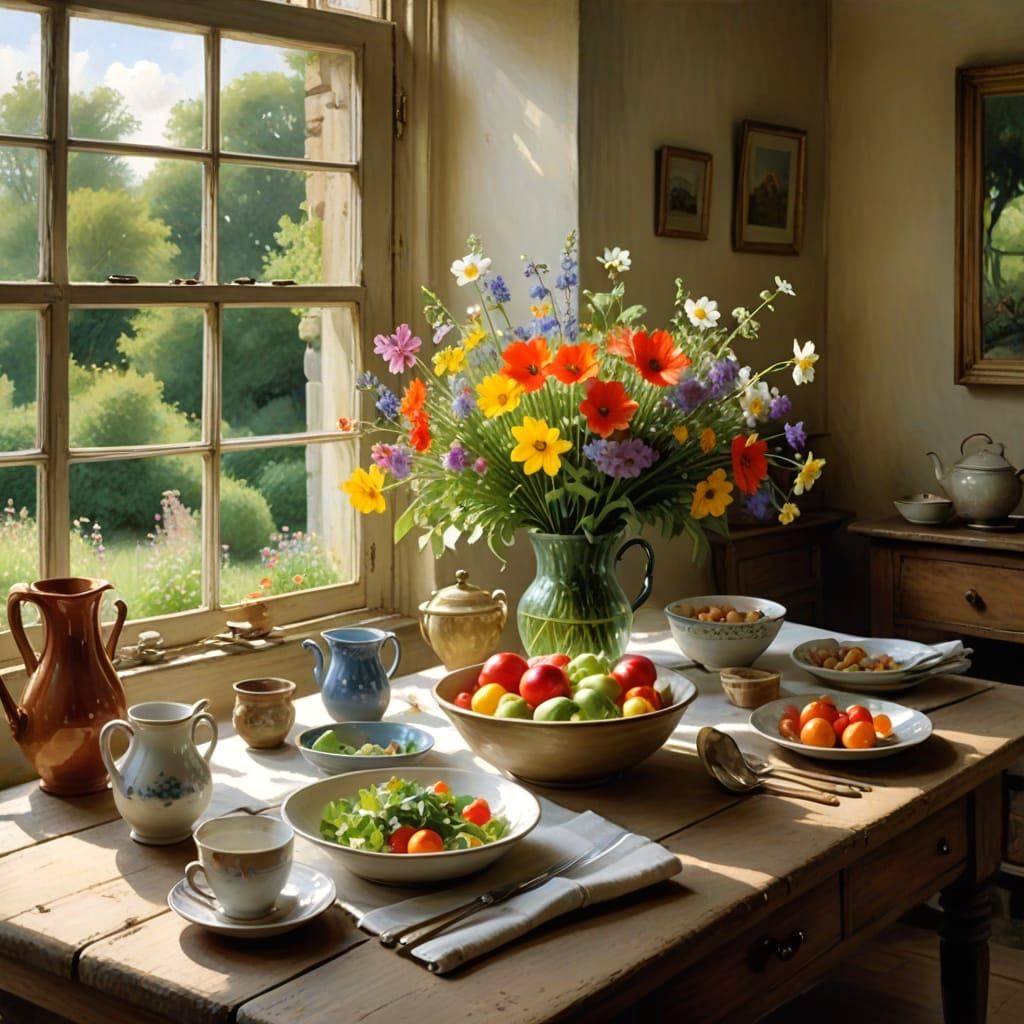 Warm Country Kitchen Scene in Vibrant Watercolor