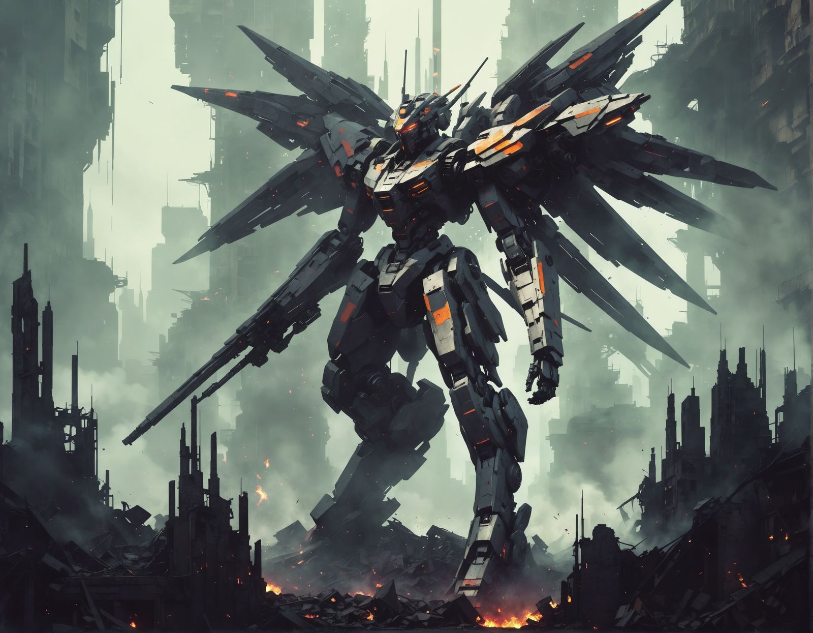 Mecha Triumph in Dystopian City: Surreal Anime Art