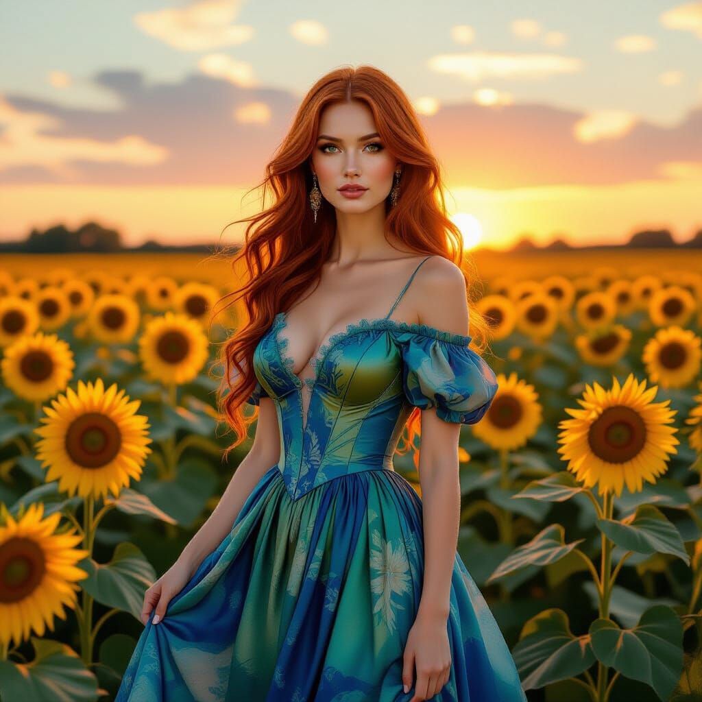 Woman in Sunflower Field, Pre-Raphaelite Style