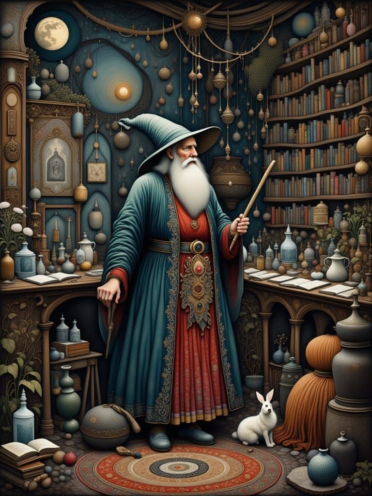 Wizard's Cluttered Spell Chamber with Wand