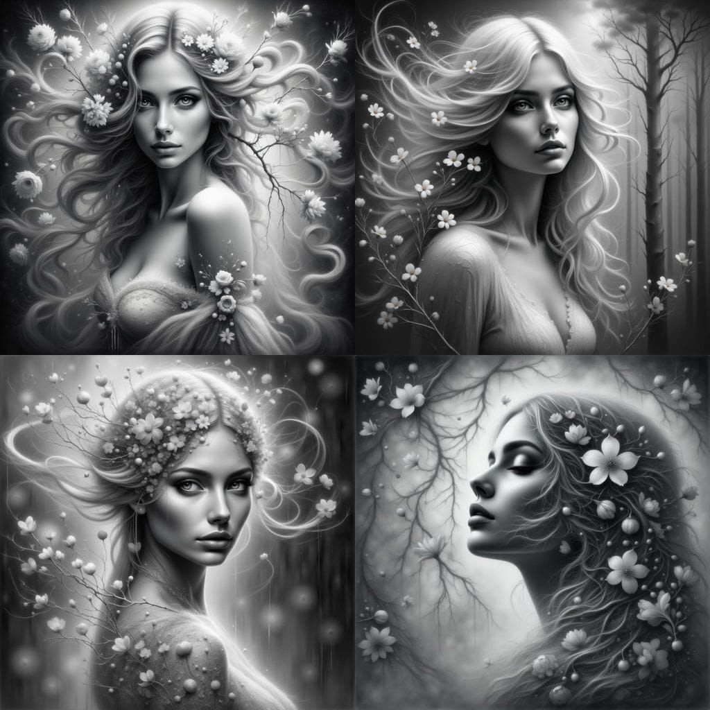 Ethereal Black and White Portrait of a Serene Woman in Misty...