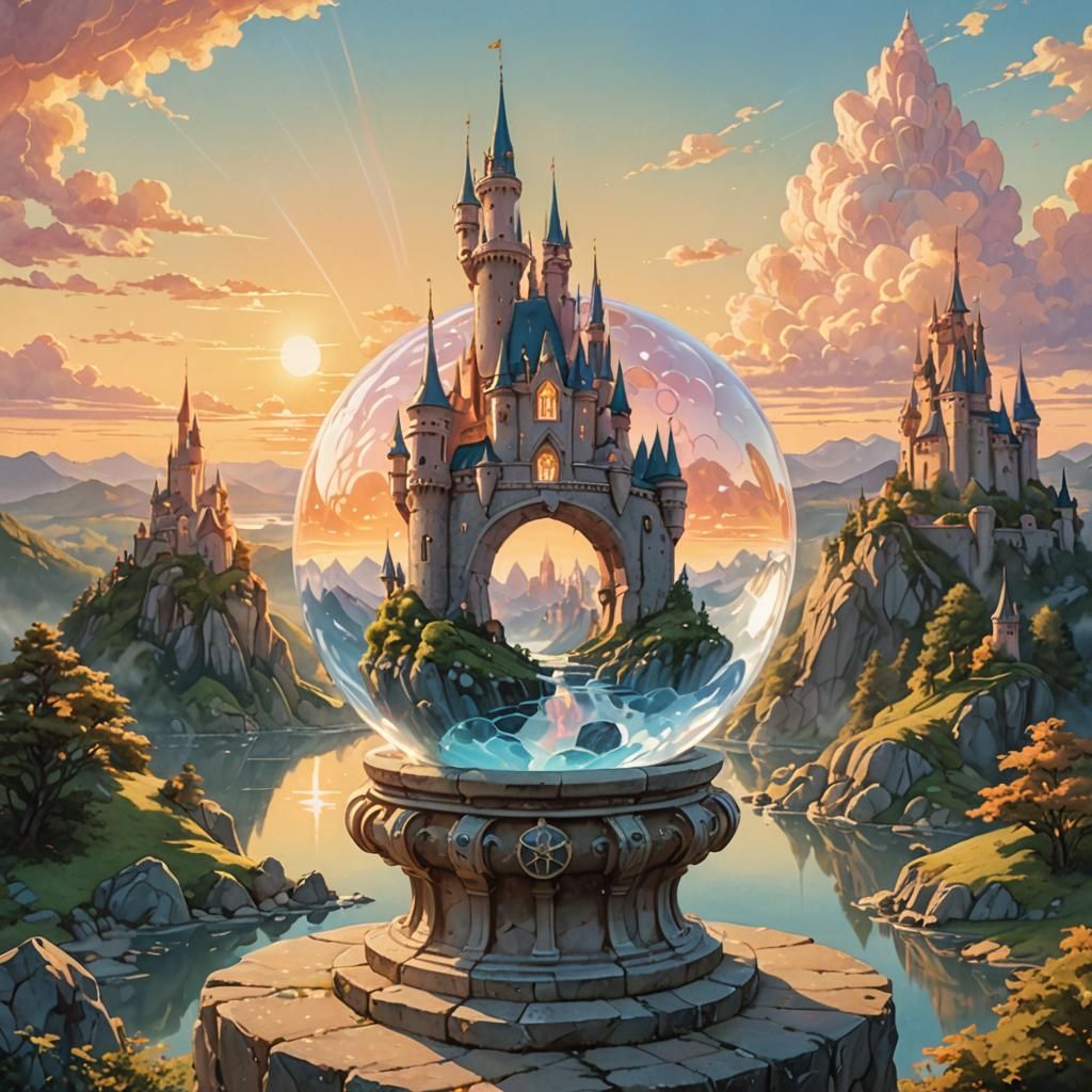 Magical Castle Reflected in Crystal Ball, Fantasy Artwork