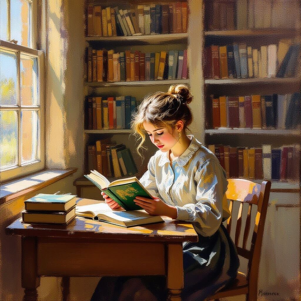 Joyful Student Reading in Sunlit Classroom, Impressionist St...