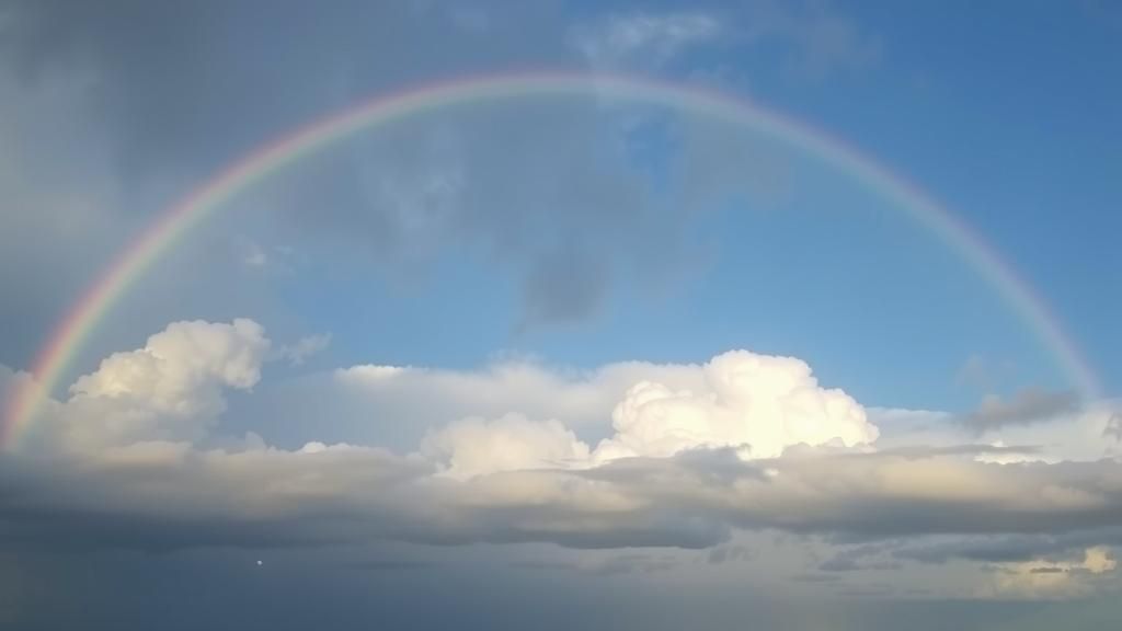 A small rainbow arch with clouds above that look like eyed a...